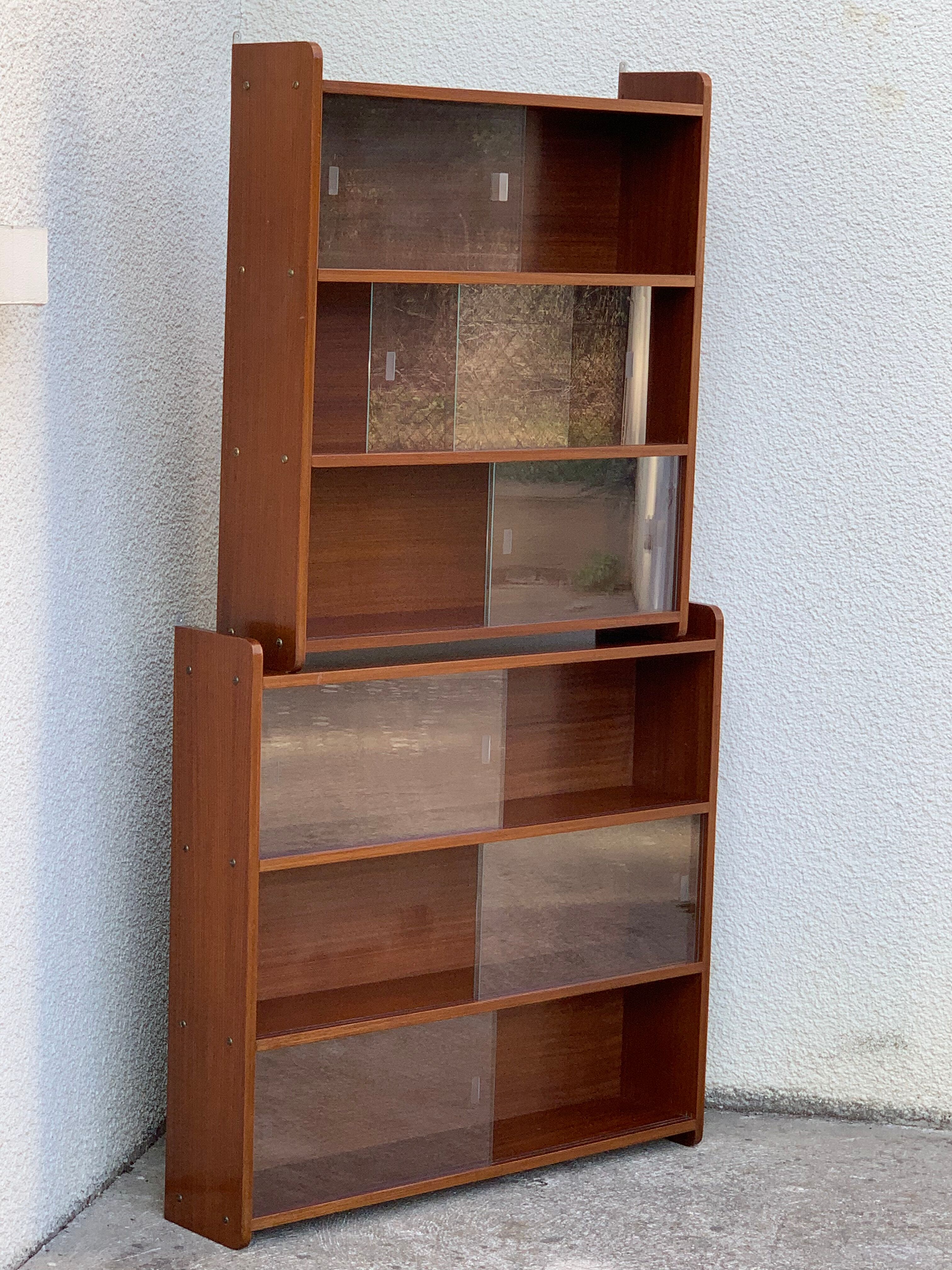 glass wall bookcase in vintage teak 1950