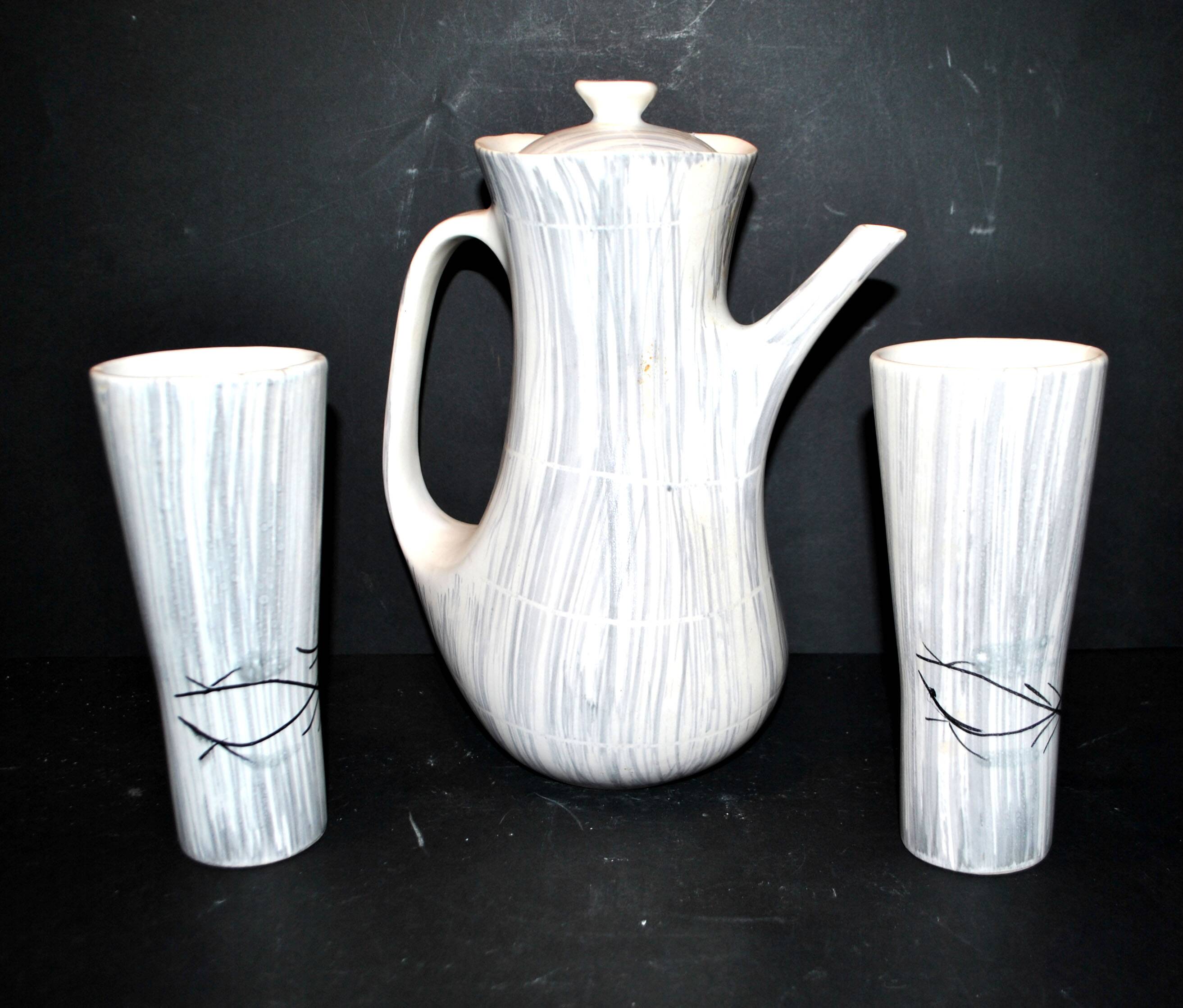 Vintage Niderviller Modernist Ceramic Coffee Pot 1960 with 2 Cups