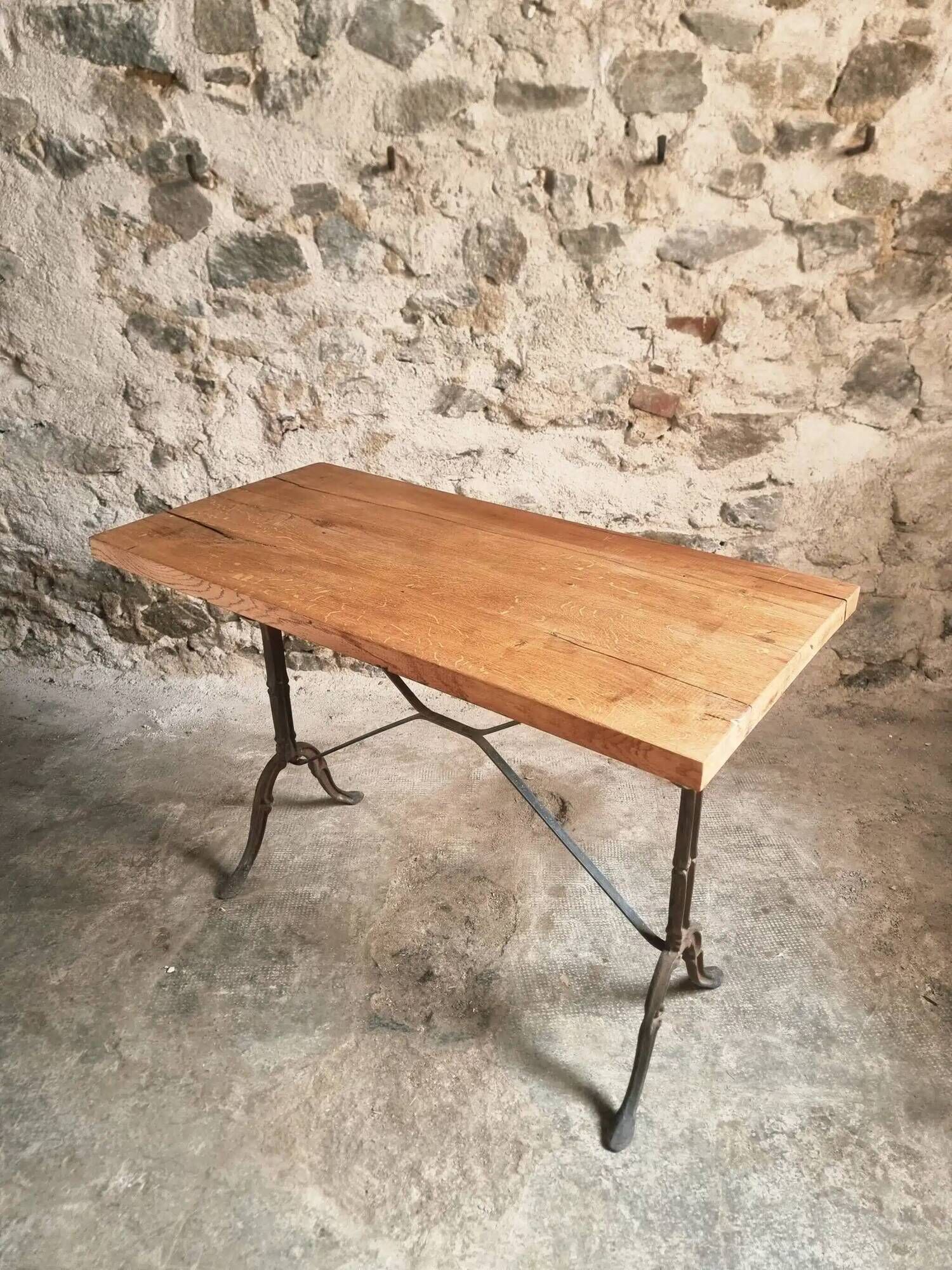 Vintage French Bistro Table | 1960s/70s Oak Top & Cast Iron Base | Retro Coffee & Wine Table