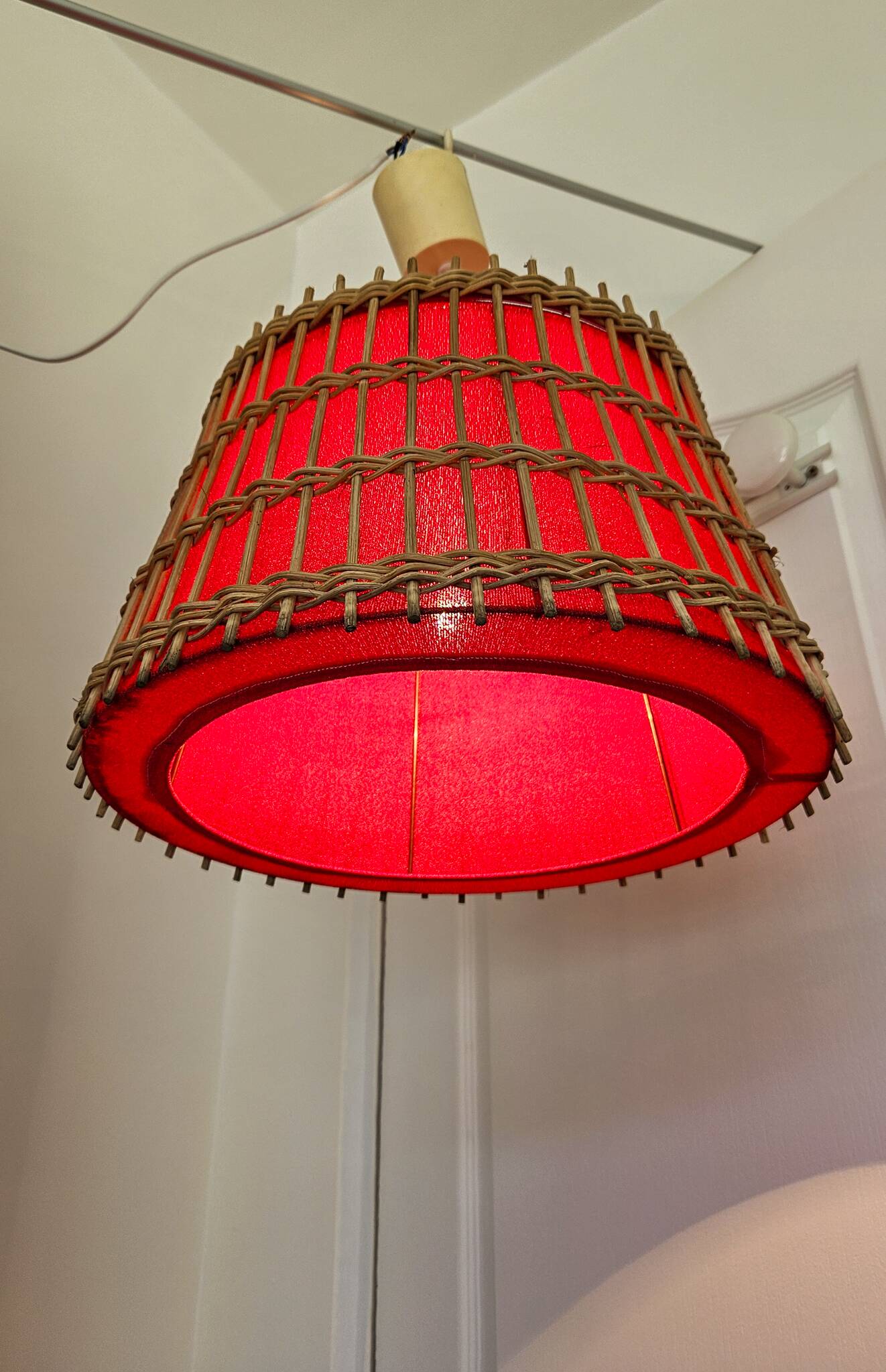 Vintage rattan pendant light - red fabric interior shade from the 60s