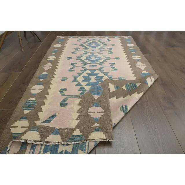 1970s Vintage Turkish Oushak Handmade Wool Cotton Pink Runner Rug 93x176