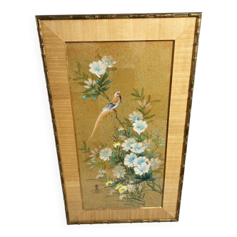 Peinture vintage asiatique, encadrement bambou 