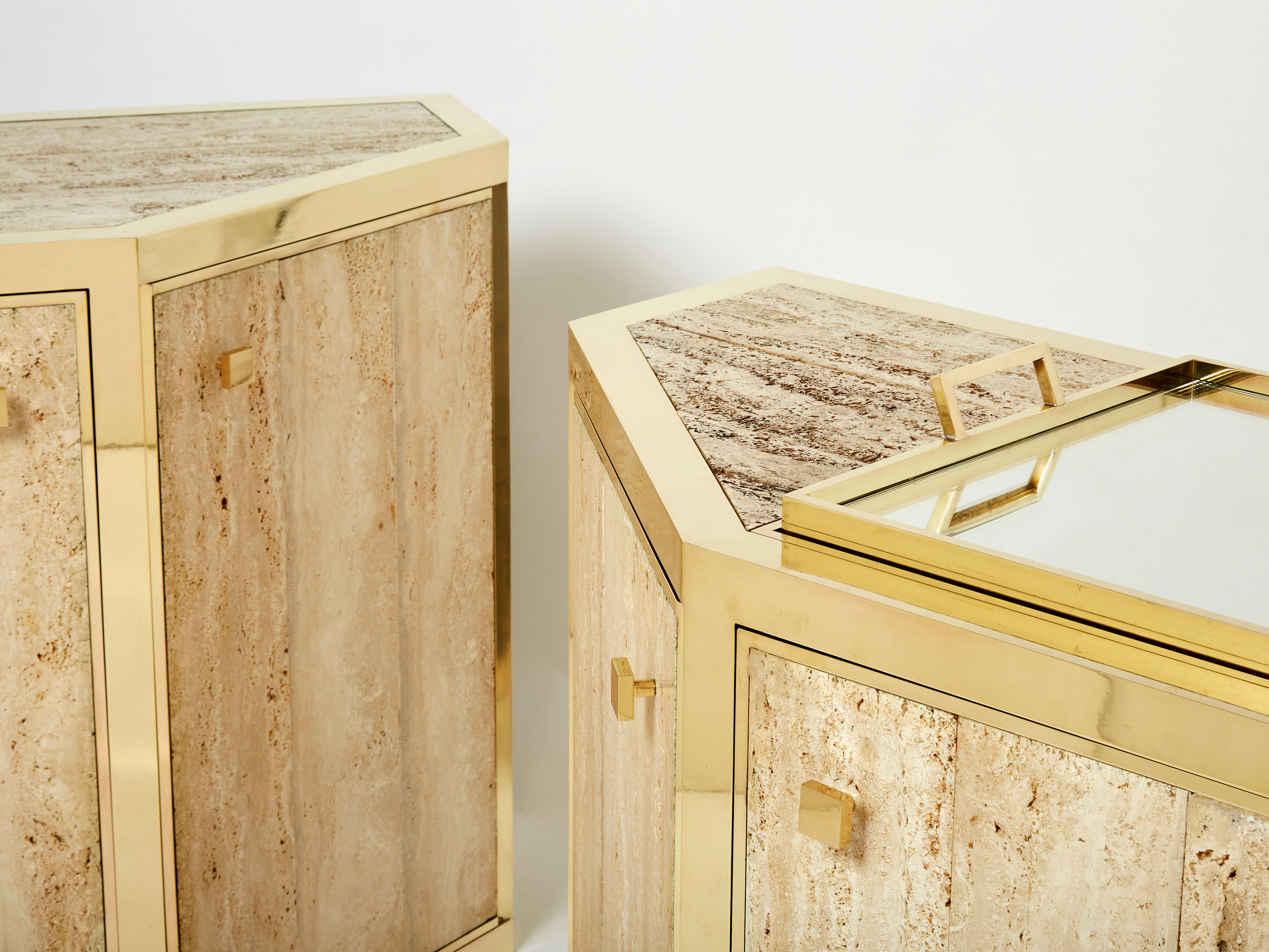 Pair of travertine brass cabinets by Alfredo Freda 1975