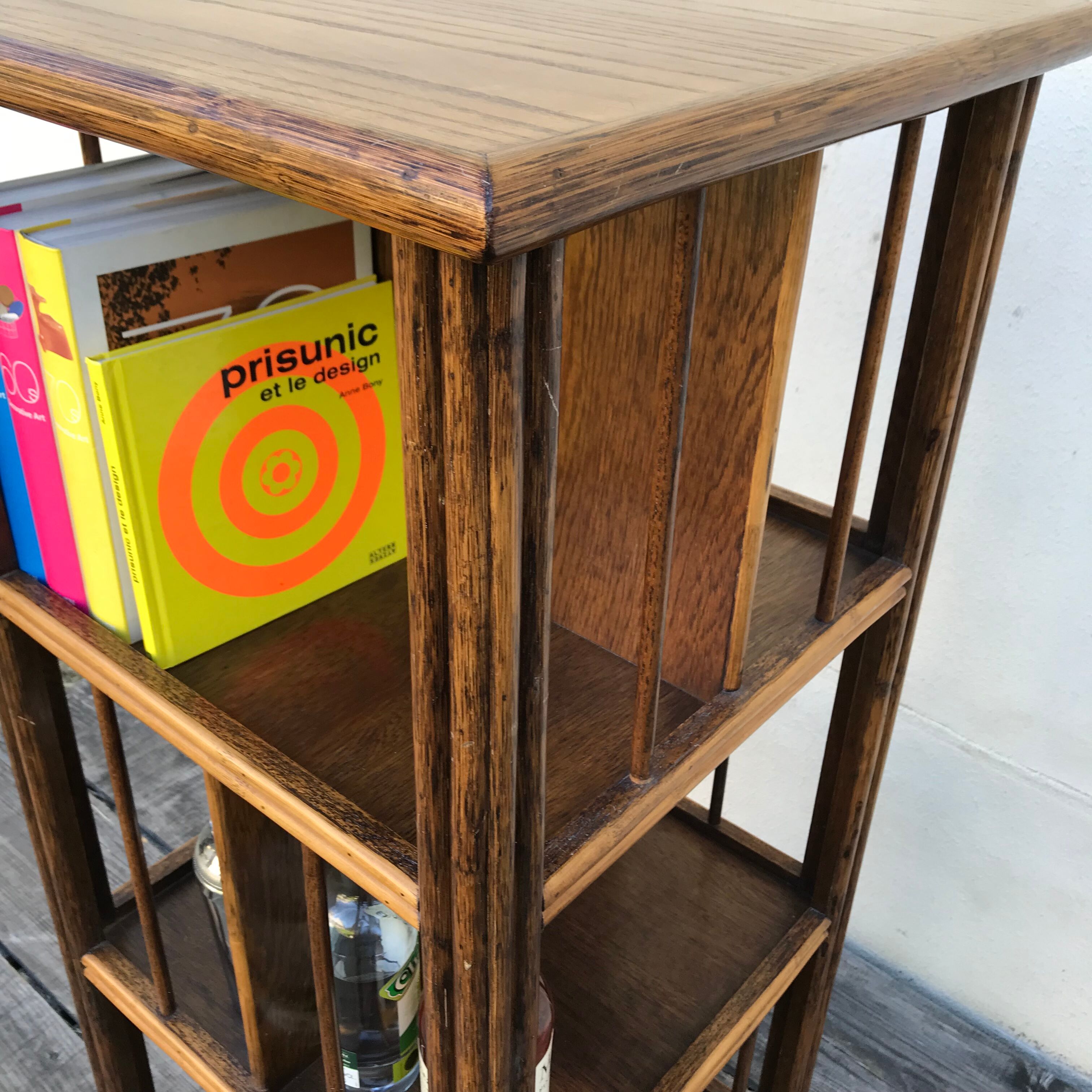 Rotating bamboo-wicker shelf vintage 1970