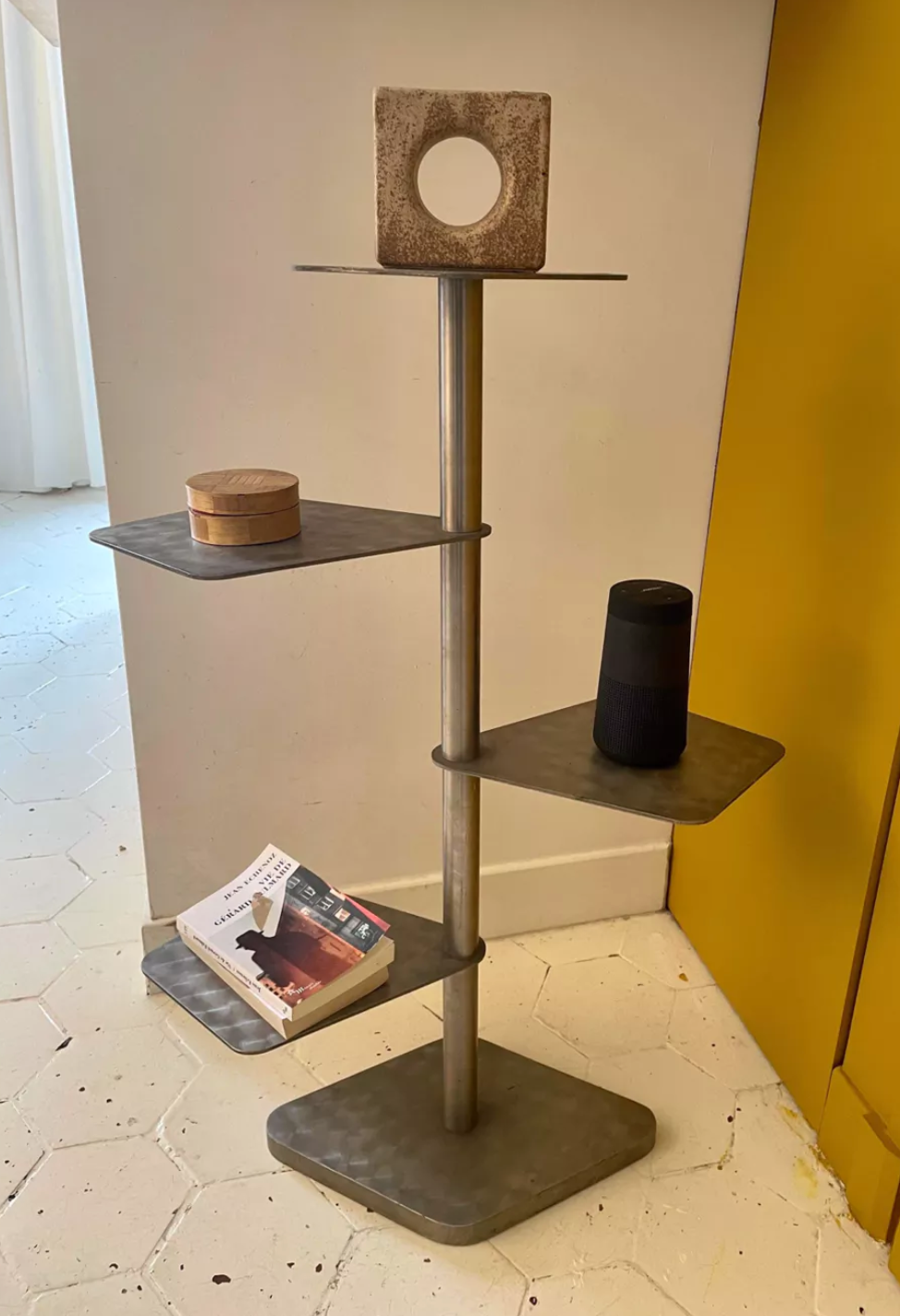 Modernist vintage side table, brushed chrome metal, France 1970