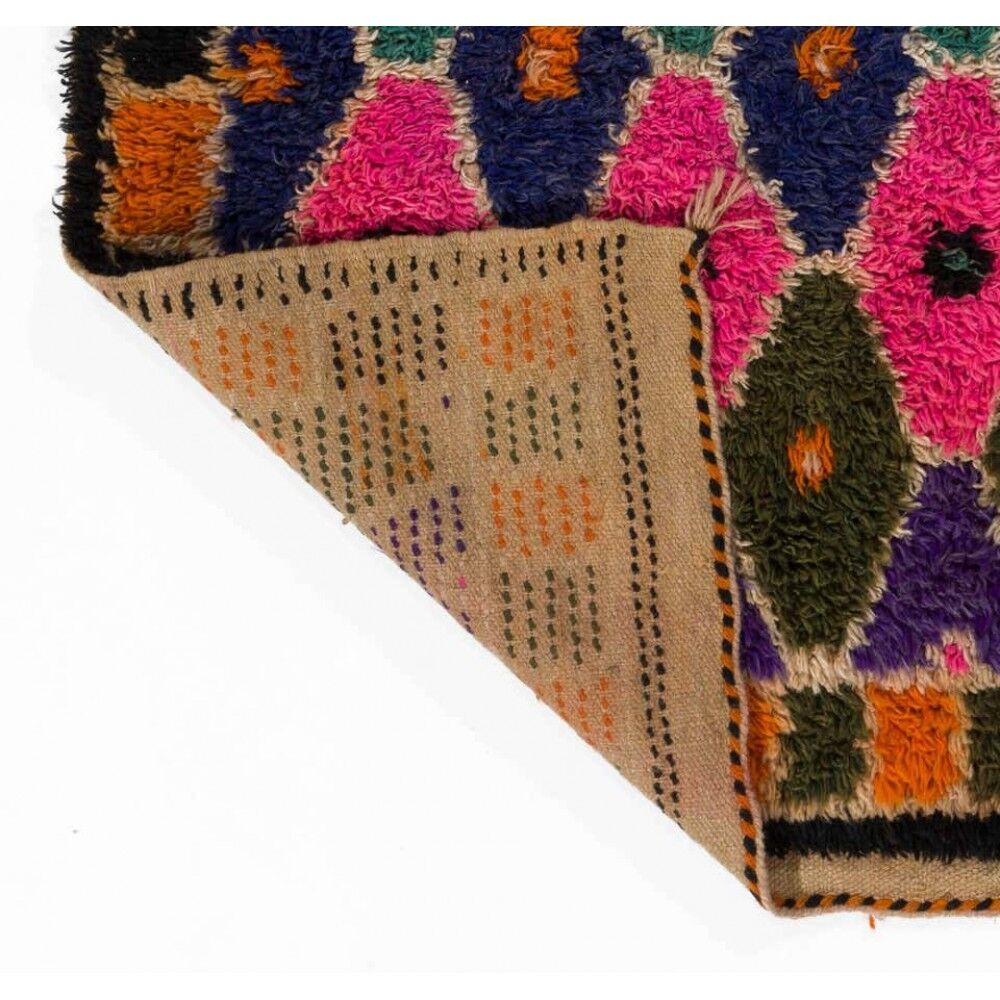 Colorful Vintage Hand-Knotted Turkish Tulu Rug with Geometric Diamond Design, 100% Wool