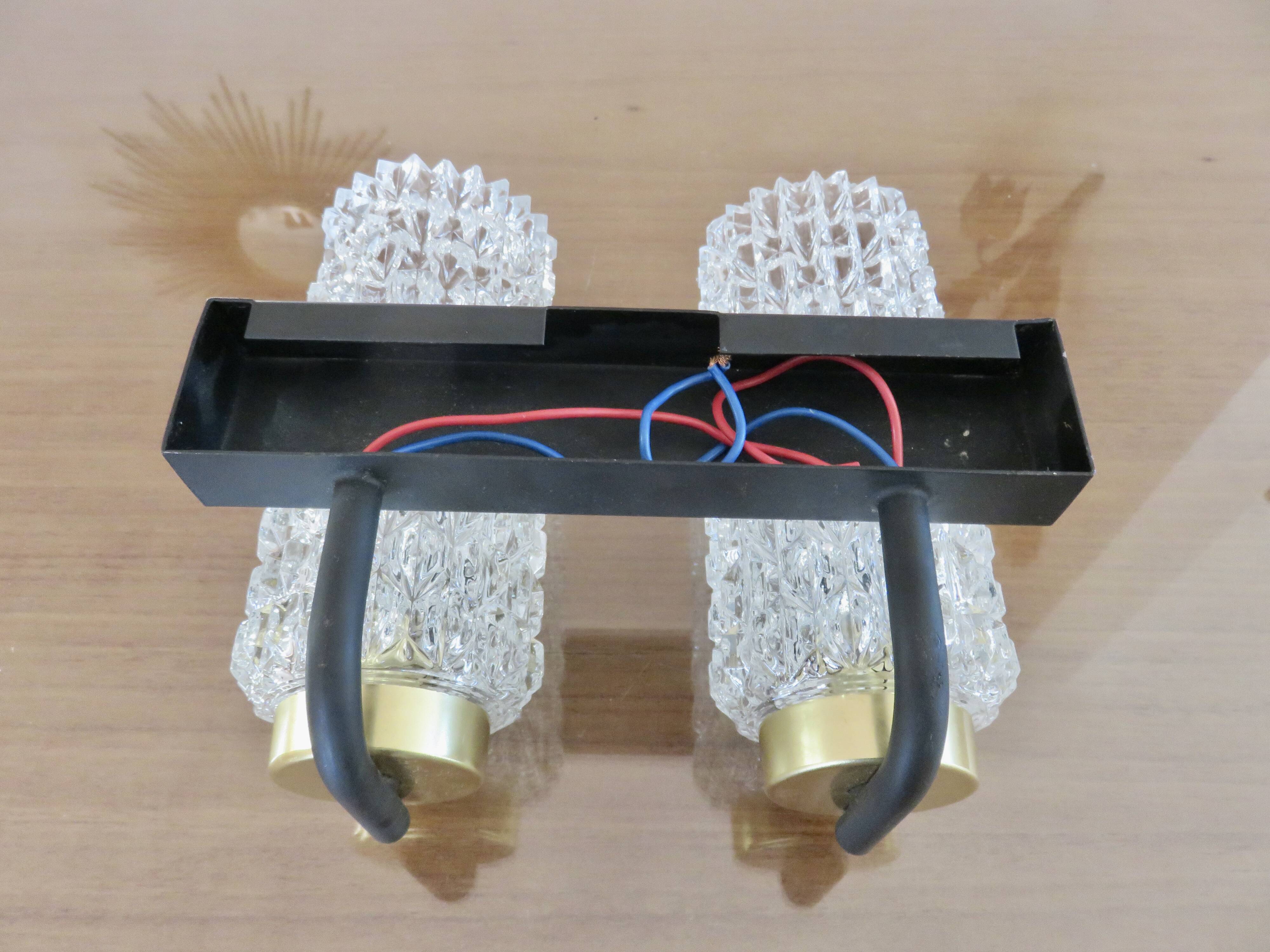 Arlus style double wall lamp in gold metal and black lacquered metal, diamond tip glass 1960