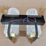 Arlus style double wall lamp in gold metal and black lacquered metal, diamond tip glass 1960