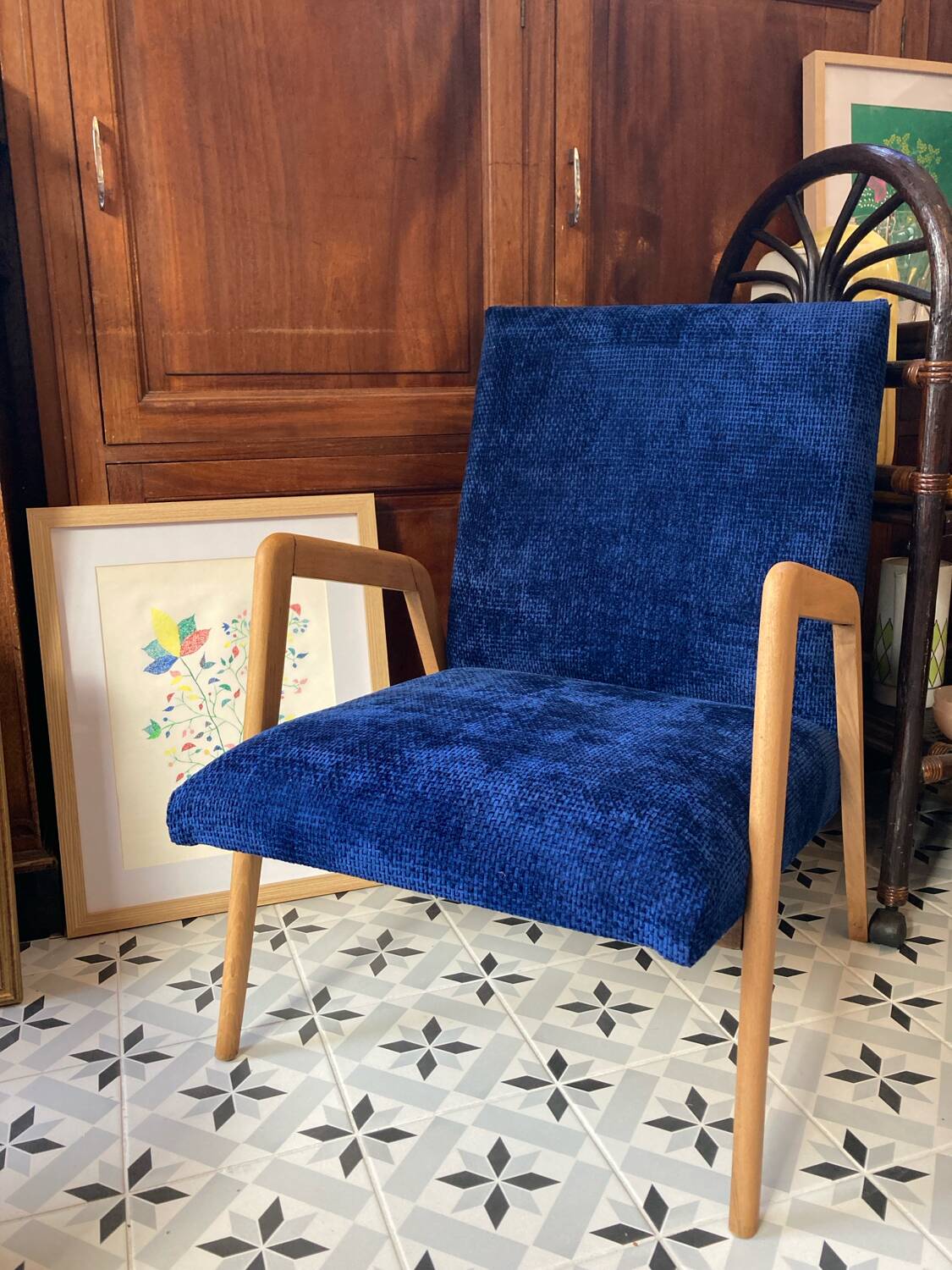Scandinavian blue velvet armchair