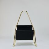 Carl Auböck II Midcentury magazine rack, brass and black leather, vintage, Austria