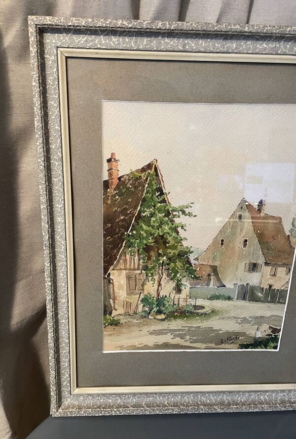 Aquarelle cour de ferme alsacienne lucien fuchs