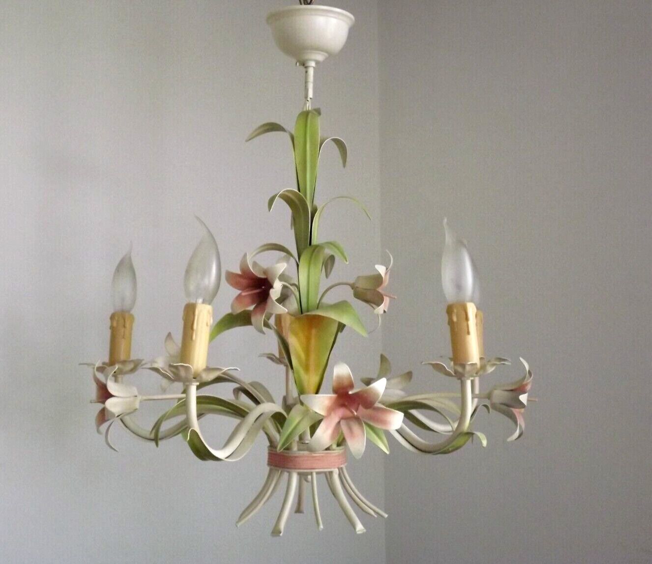 Vintage french 5 arm tied bouquet toleware chandelier pink lily flowers 4264