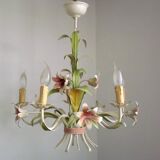 Vintage french 5 arm tied bouquet toleware chandelier pink lily flowers 4264