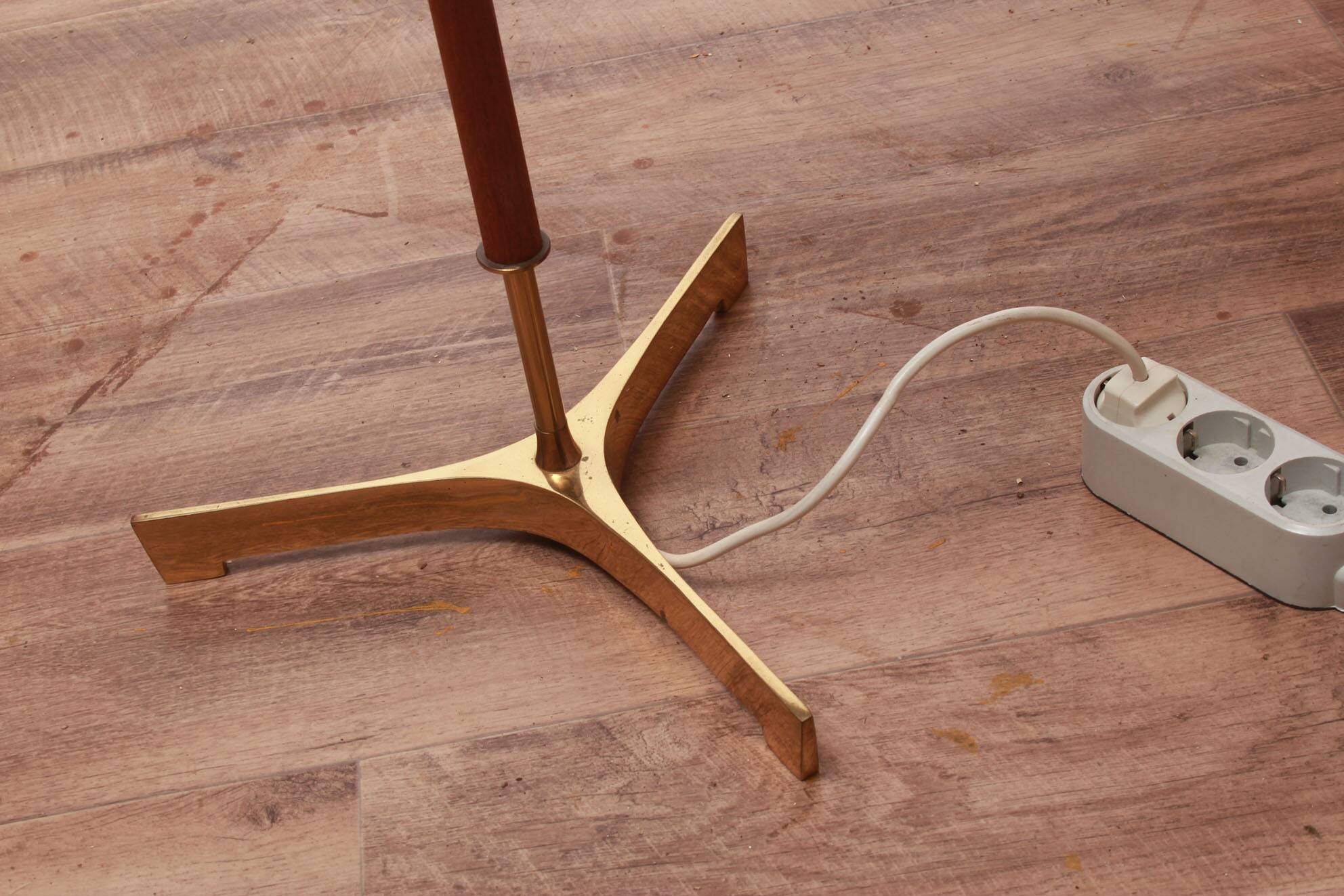 1950s floor lamp in brass and teak/shade with floral motif