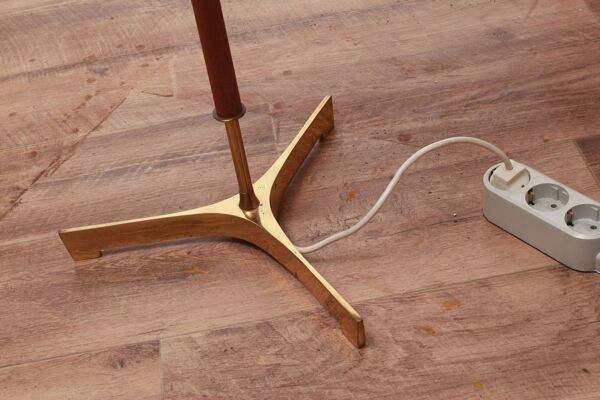 Lampadaire des années 1950 en laiton et teck/abat-jour avec motif floral