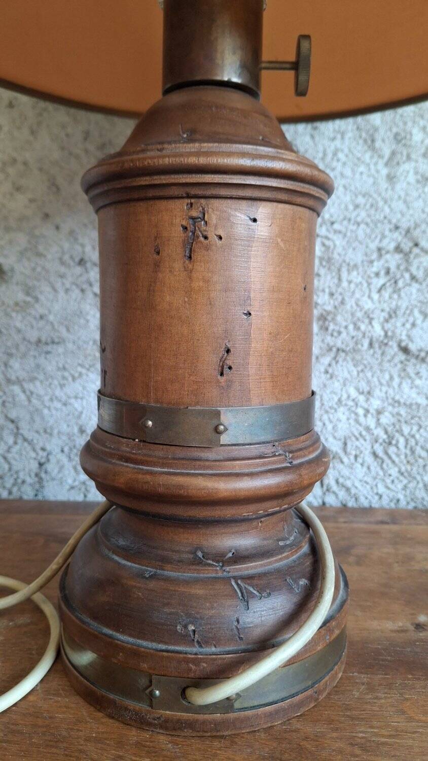 Antique turned wood lamp with engraved brass, Royal Adelaide.