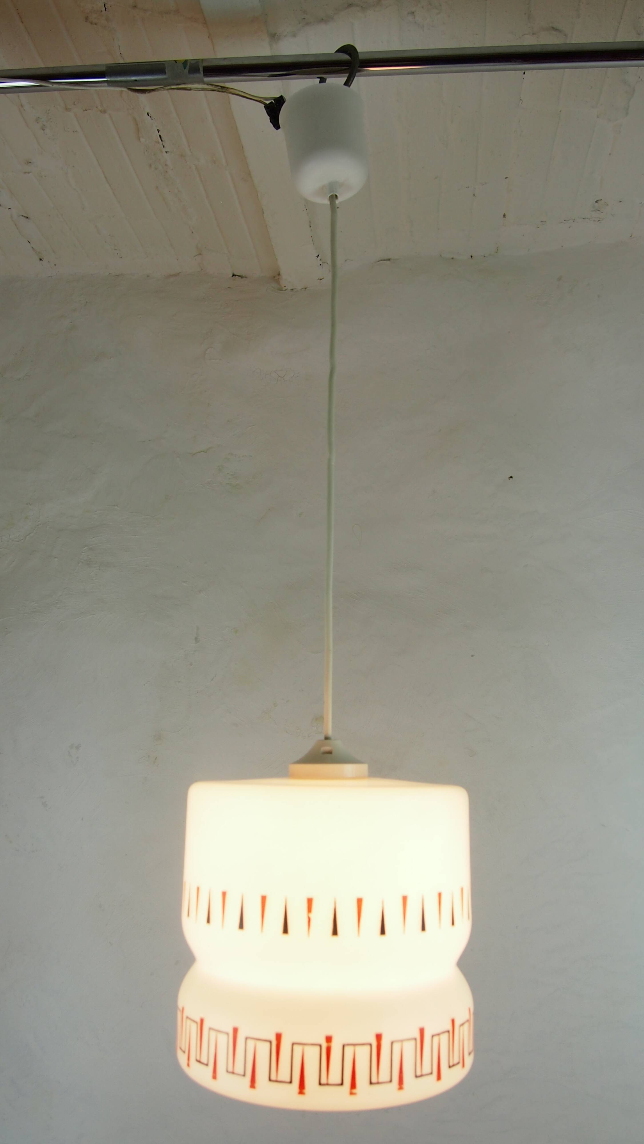 Vintage opaline glass pendant light with geometric design, 1960s Lunel style