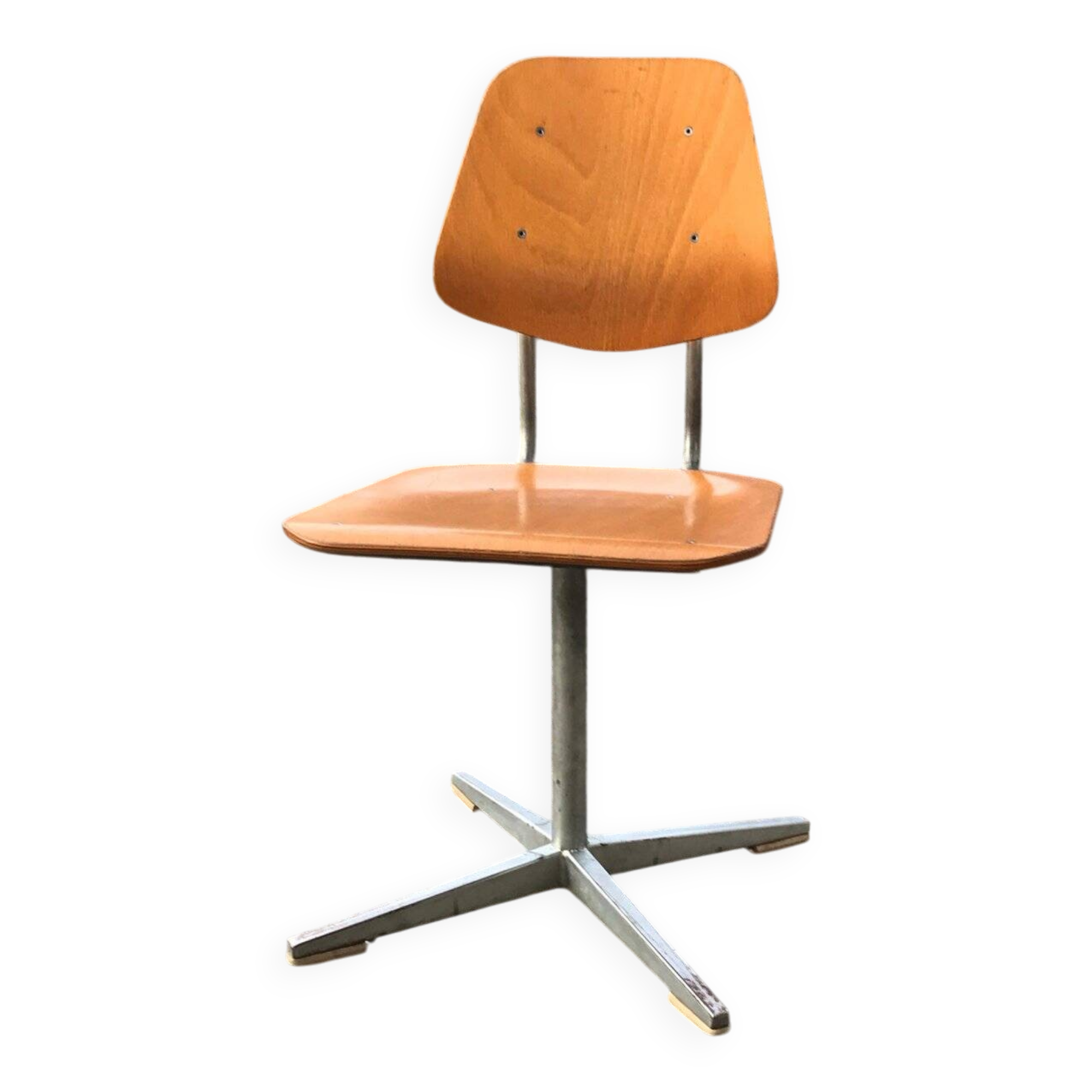 Set of 3 Embru school chairs, Switzerland, 1960s — brown plywood and steel frame.