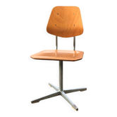 Set of 3 Embru school chairs, Switzerland, 1960s — brown plywood and steel frame.
