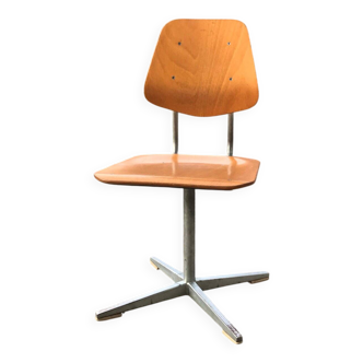 Set of 3 Embru school chairs, Switzerland, 1960s — brown plywood and steel frame.