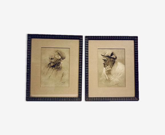 Tableaux anciens, portraits d’un couple d’auvergnats daté 1929 , signé