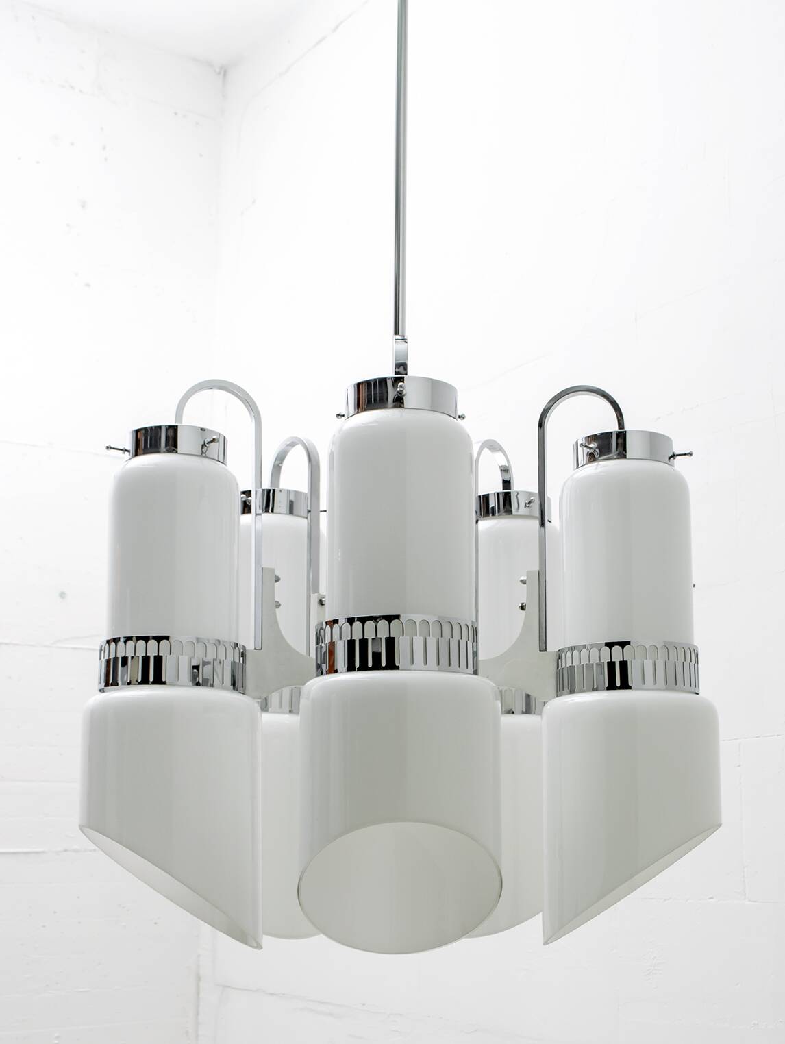 Vistosi Midcentury Italian Murano Glass and Steel "Incamiciato" Chandelier