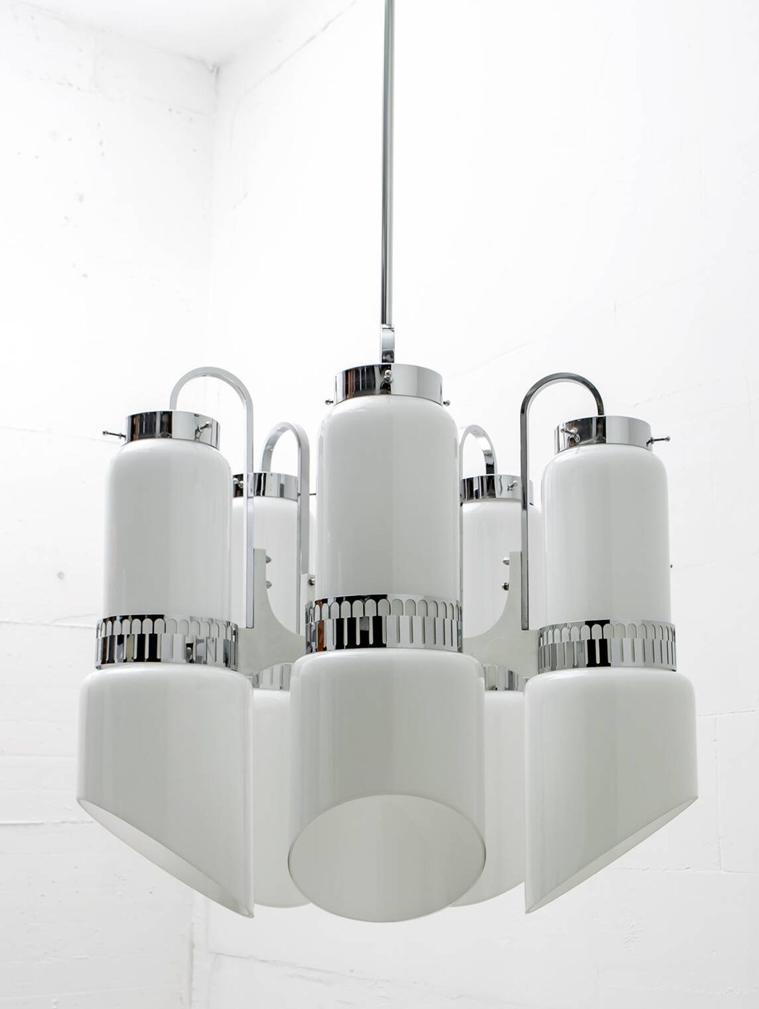 Vistosi Midcentury Italian Murano Glass and Steel "Incamiciato" Chandelier