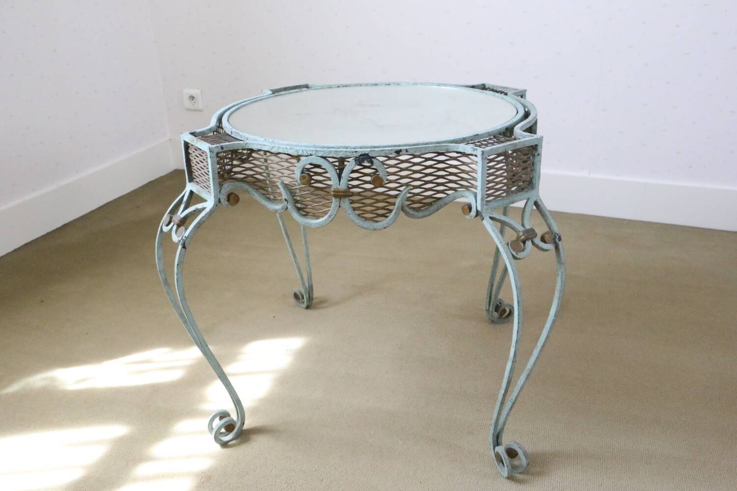 Wrought iron pedestal table mirror top 1930