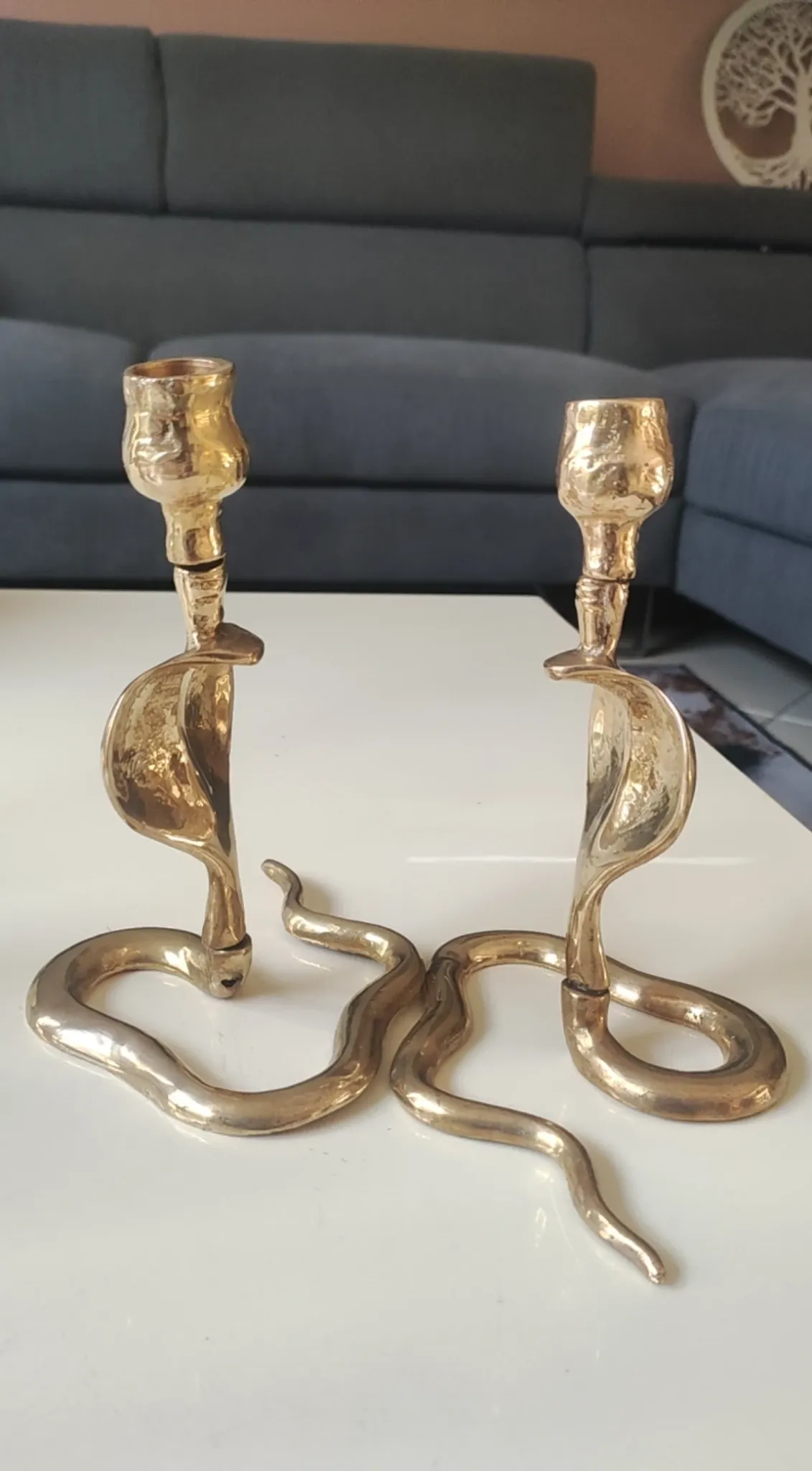Pair of Antique Zoomorphic Cobra Candle Holders. In brass. India.