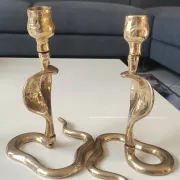 Pair of Antique Zoomorphic Cobra Candle Holders. In brass. India.