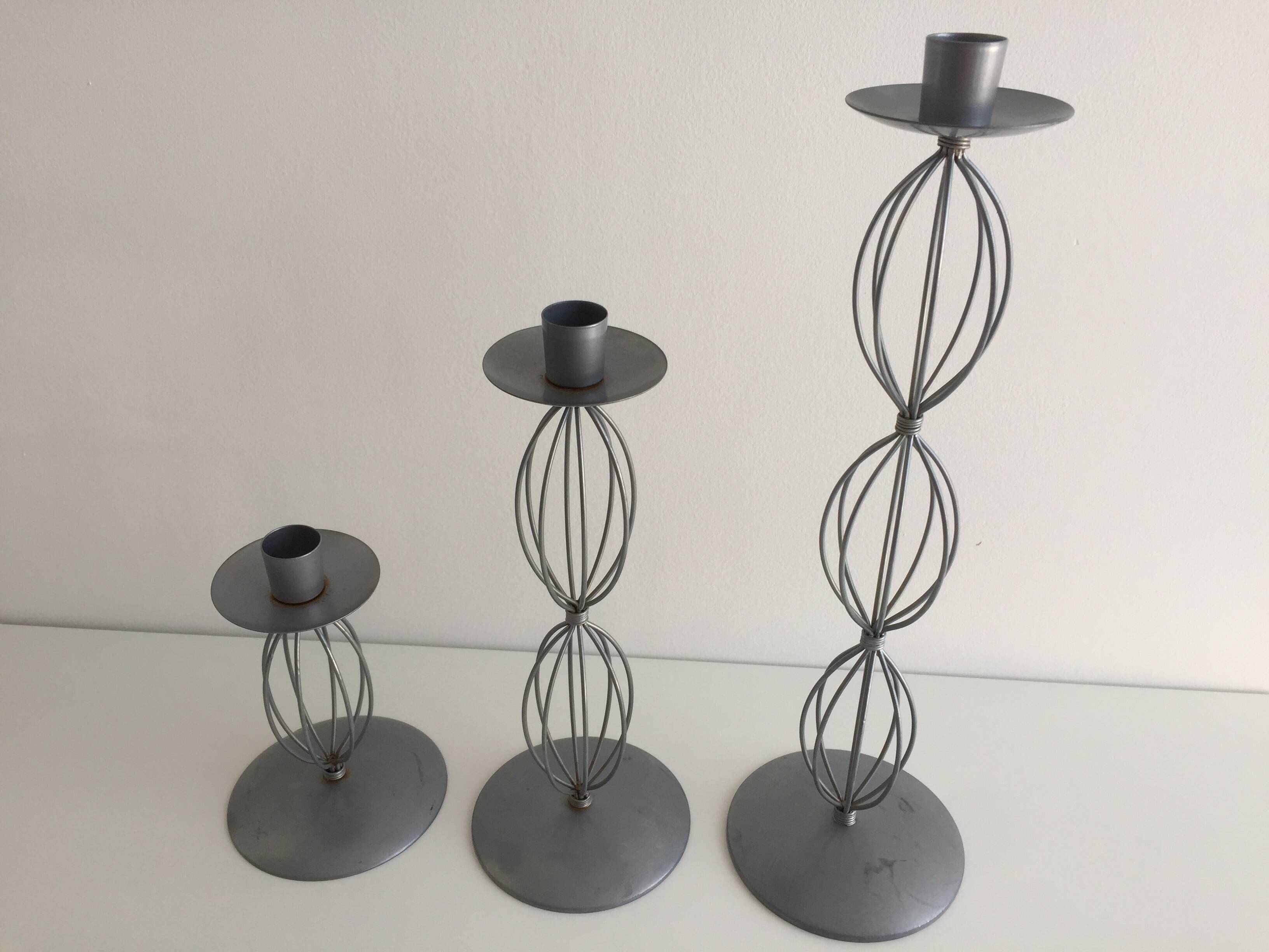 Trio of Candleholders Contemporary Candlesticks Design Metal Old Silver