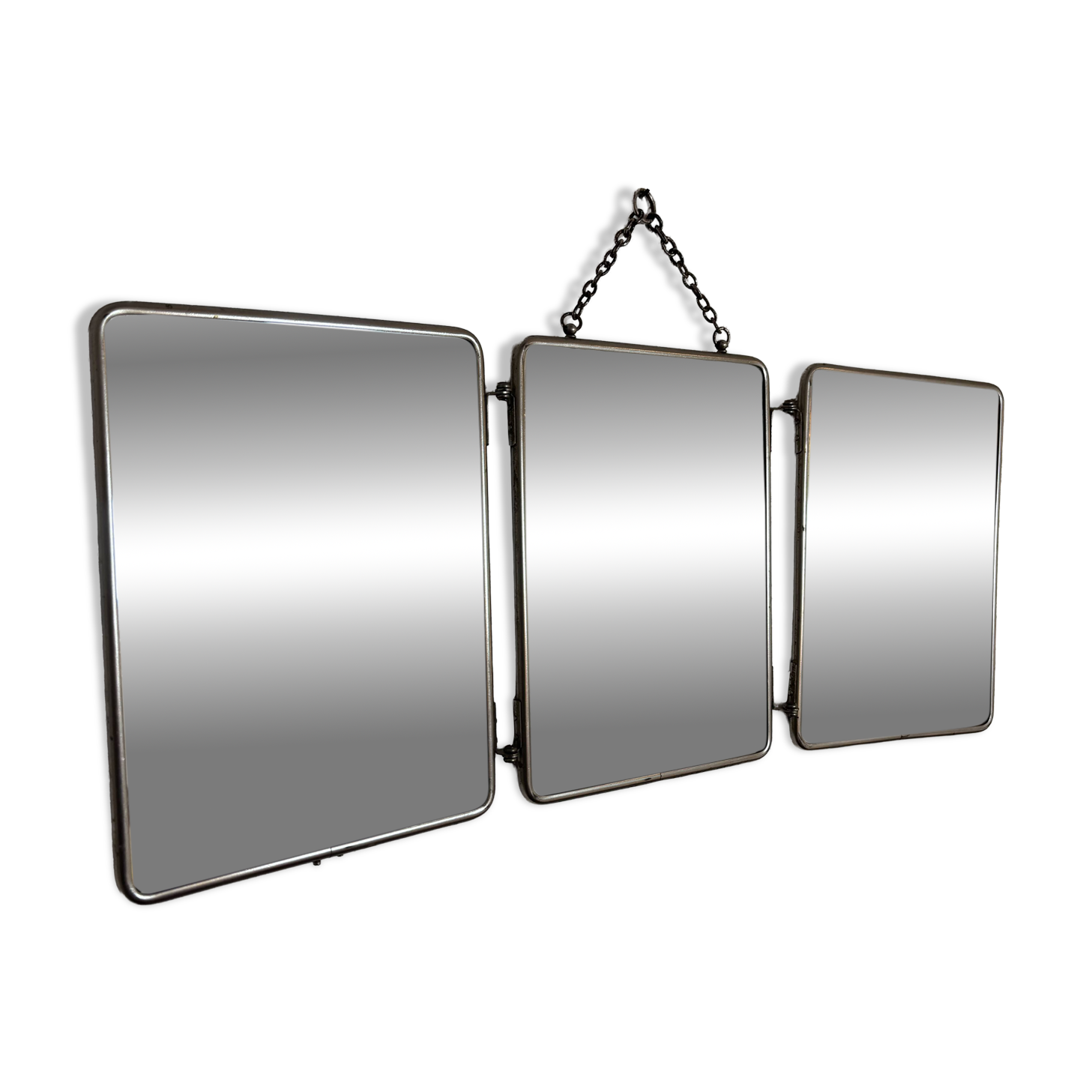 Vintage 1930s triptych barber mirror, beveled black crystal - 25 x 59 cm