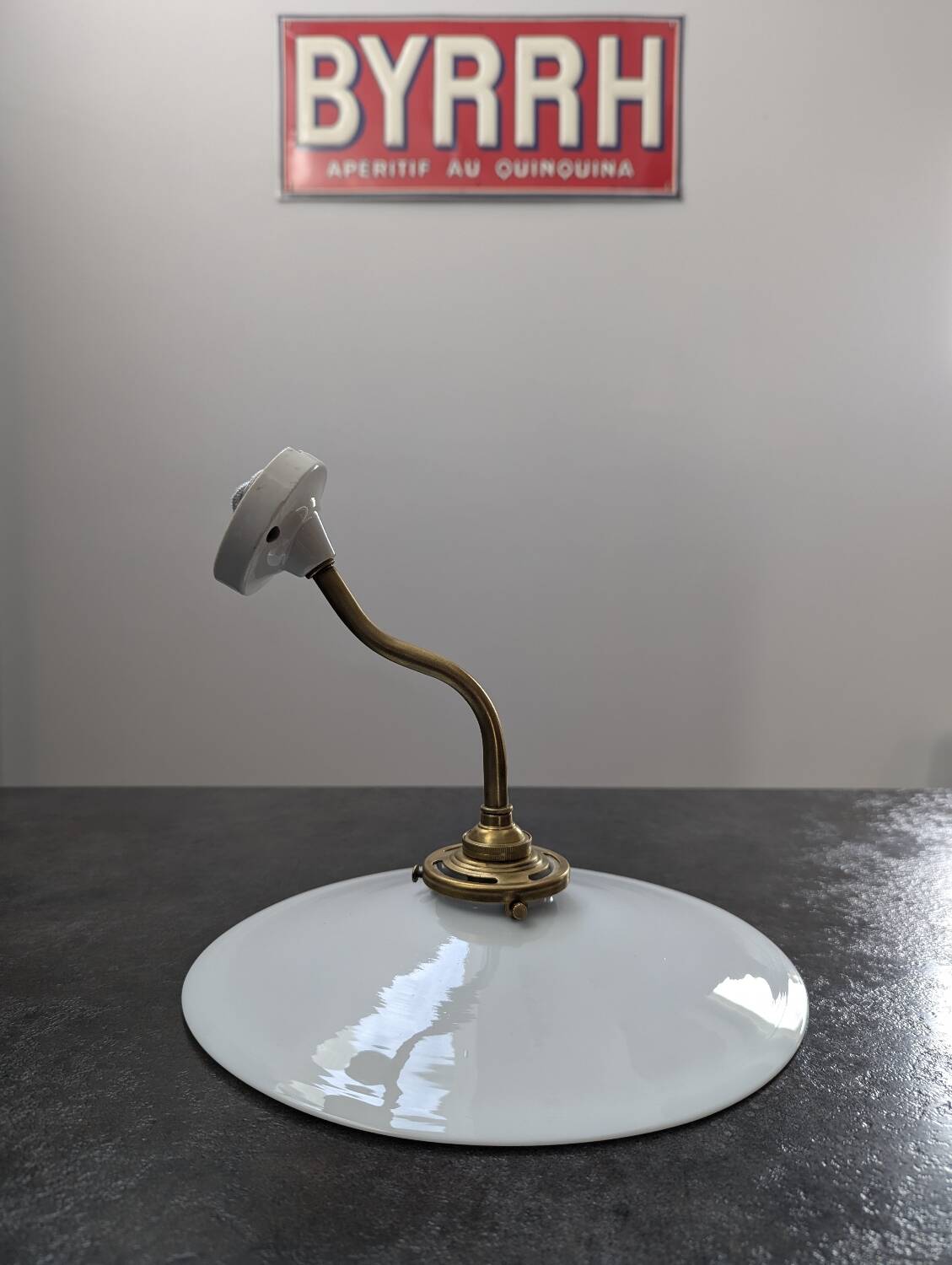 Antique smooth white opaline wall light with brass swan neck porcelain art deco 1930 diameter 25.9cm