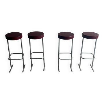 Set of 4 industrial bar stools – burgundy seats (1980s)