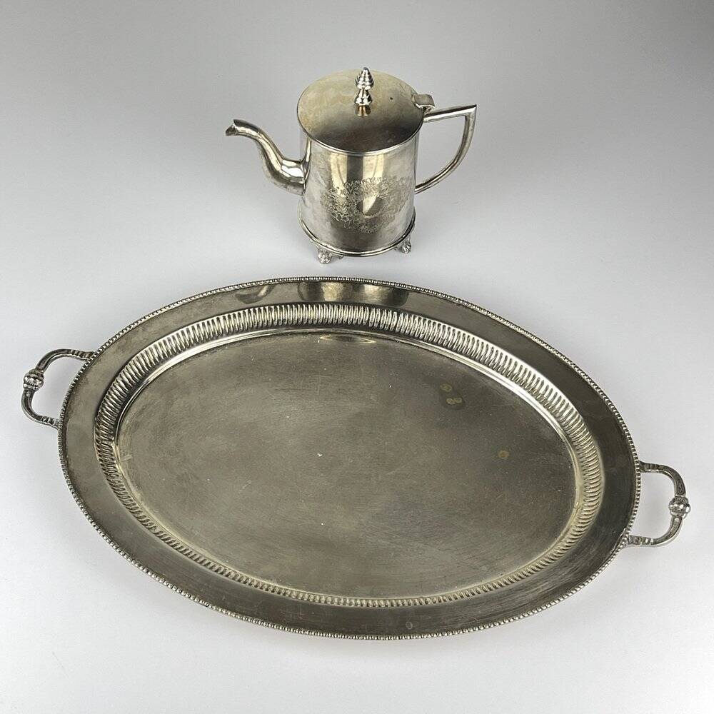 Vintage teapot and tray in solid silver by Royal Sheffield, England, 1950s, Set of 2.