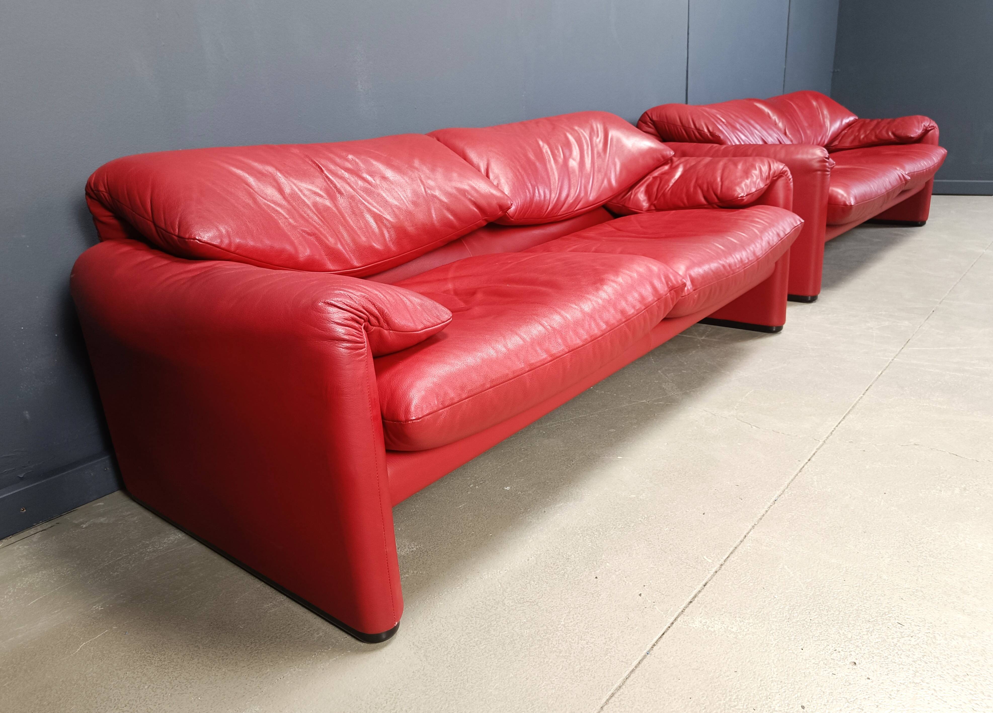 Leather Maralunga sofa set by Vico Magistretti for Cassina, 1980s