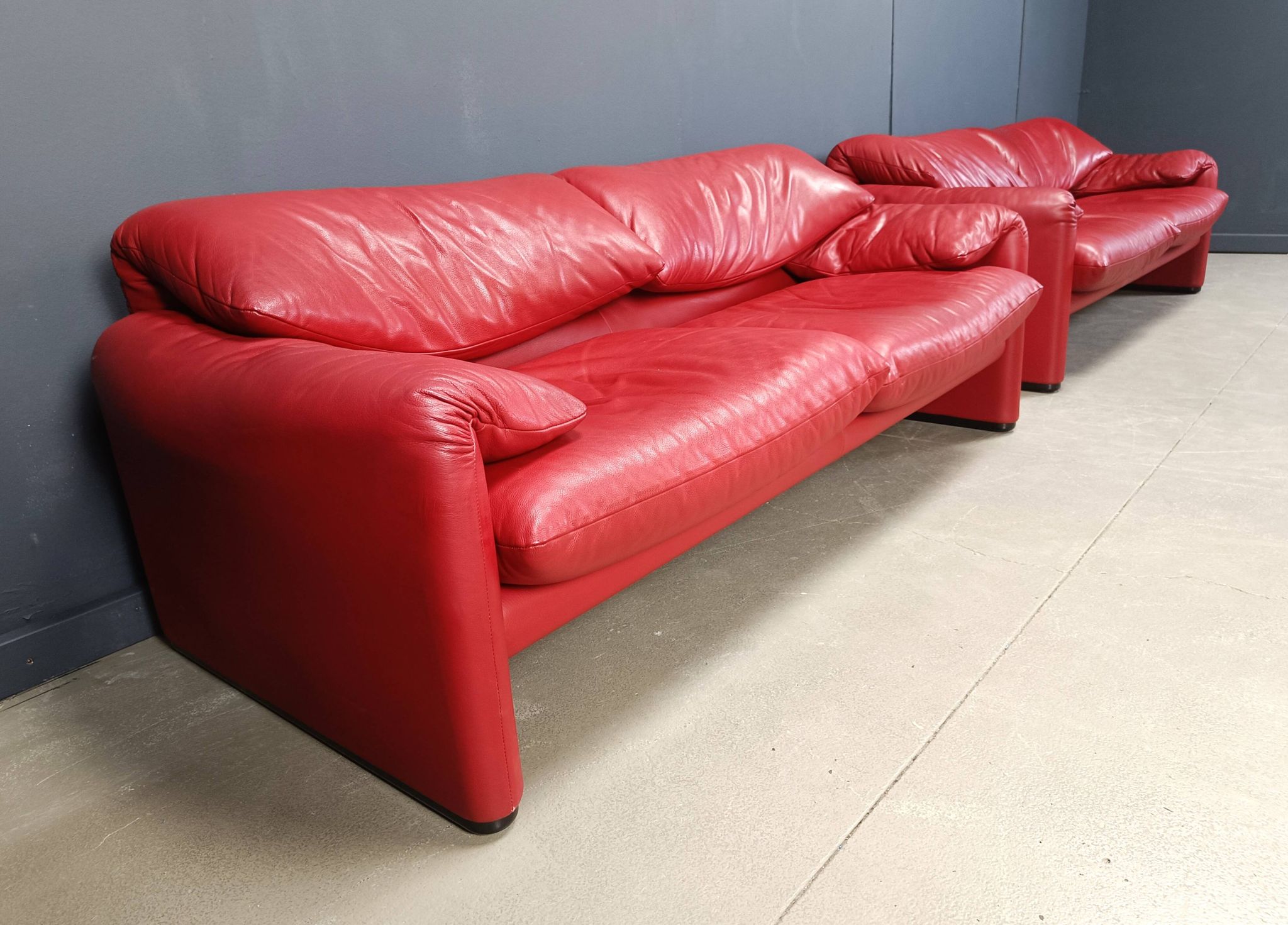 Leather Maralunga sofa set by Vico Magistretti for Cassina, 1980s