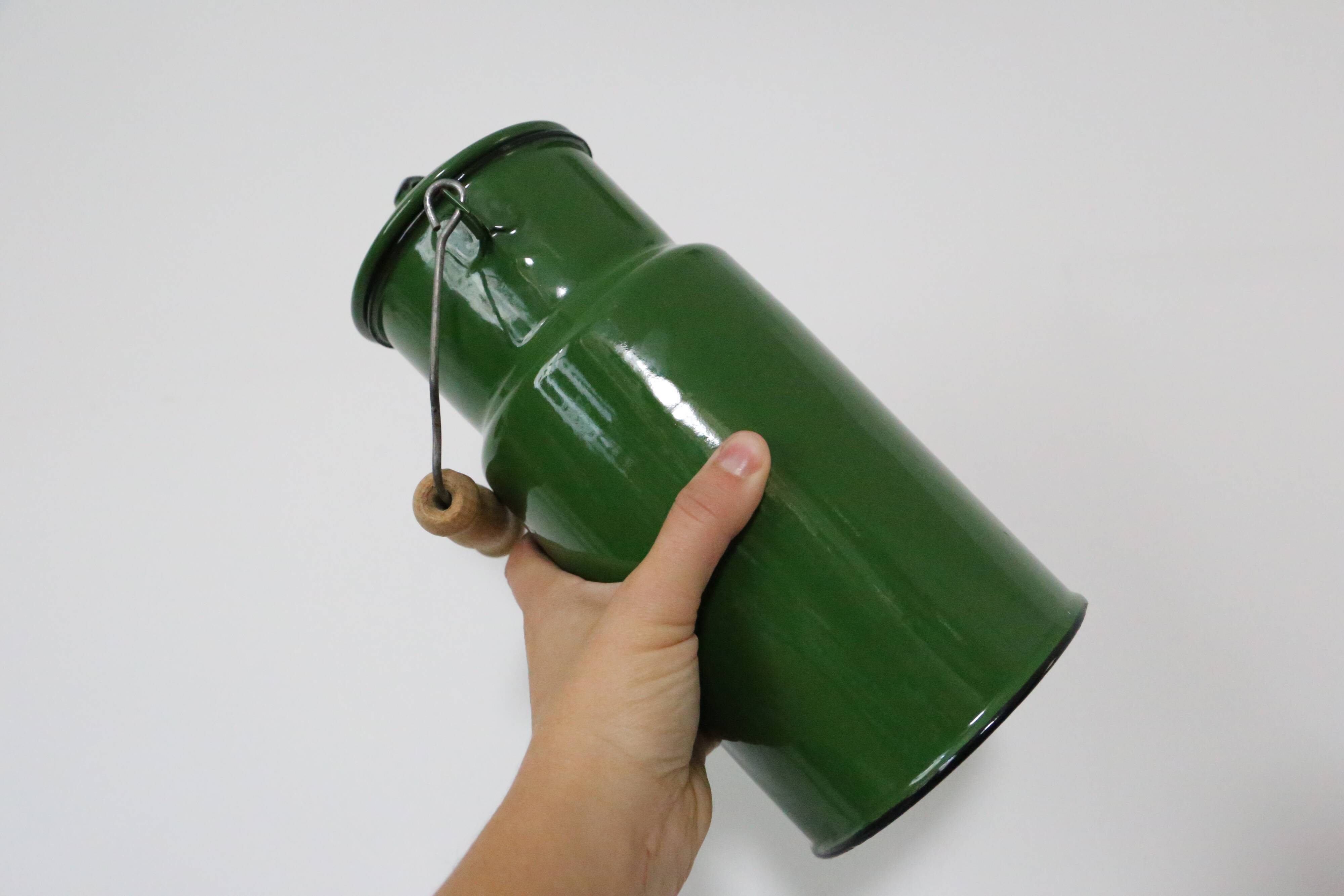 Enamelled metal milk jar, vintage