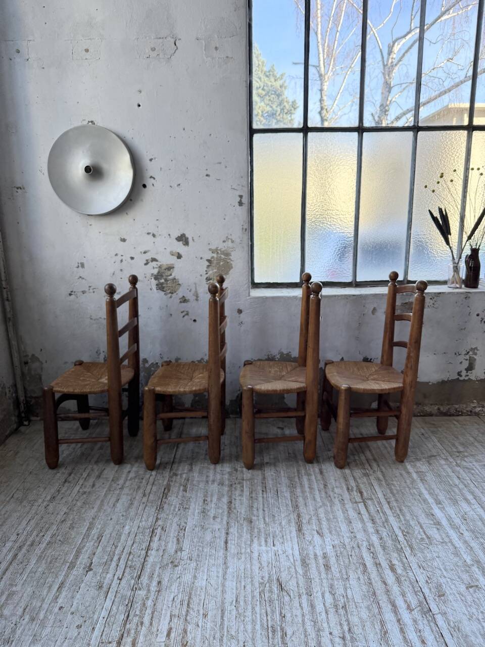 Set of 4 oak and straw chairs Dudouyt 1940