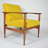 Fauteuil vintage en tissu jaune bois de teck années 1960