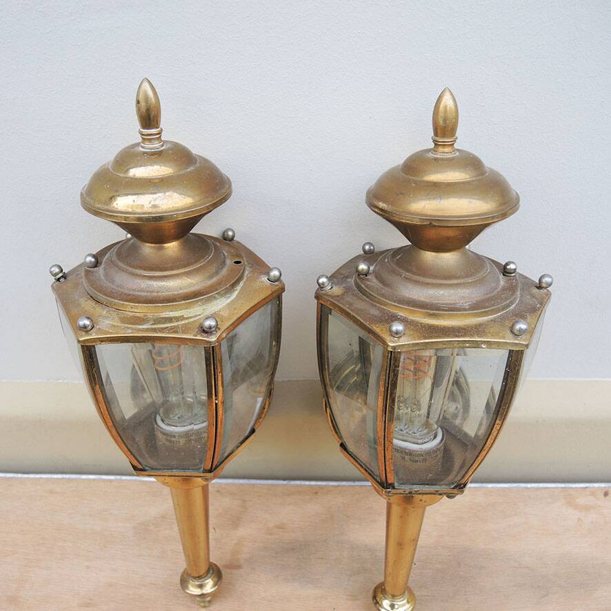 2 antique carriage lantern wall lights in brass & glass