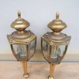2 antique carriage lantern wall lights in brass & glass