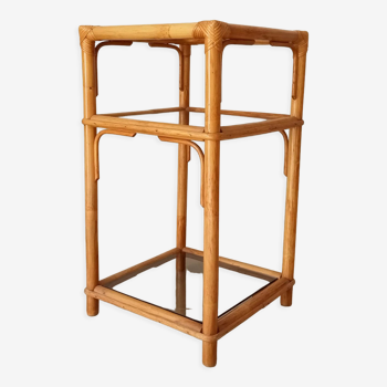 Vintage shelf in bamboo, rattan and smoked glass 70s/80s