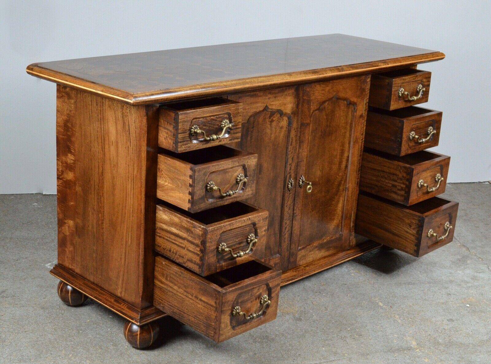 Rustic walnut sideboard with inlaid parquetry, vintage quality.