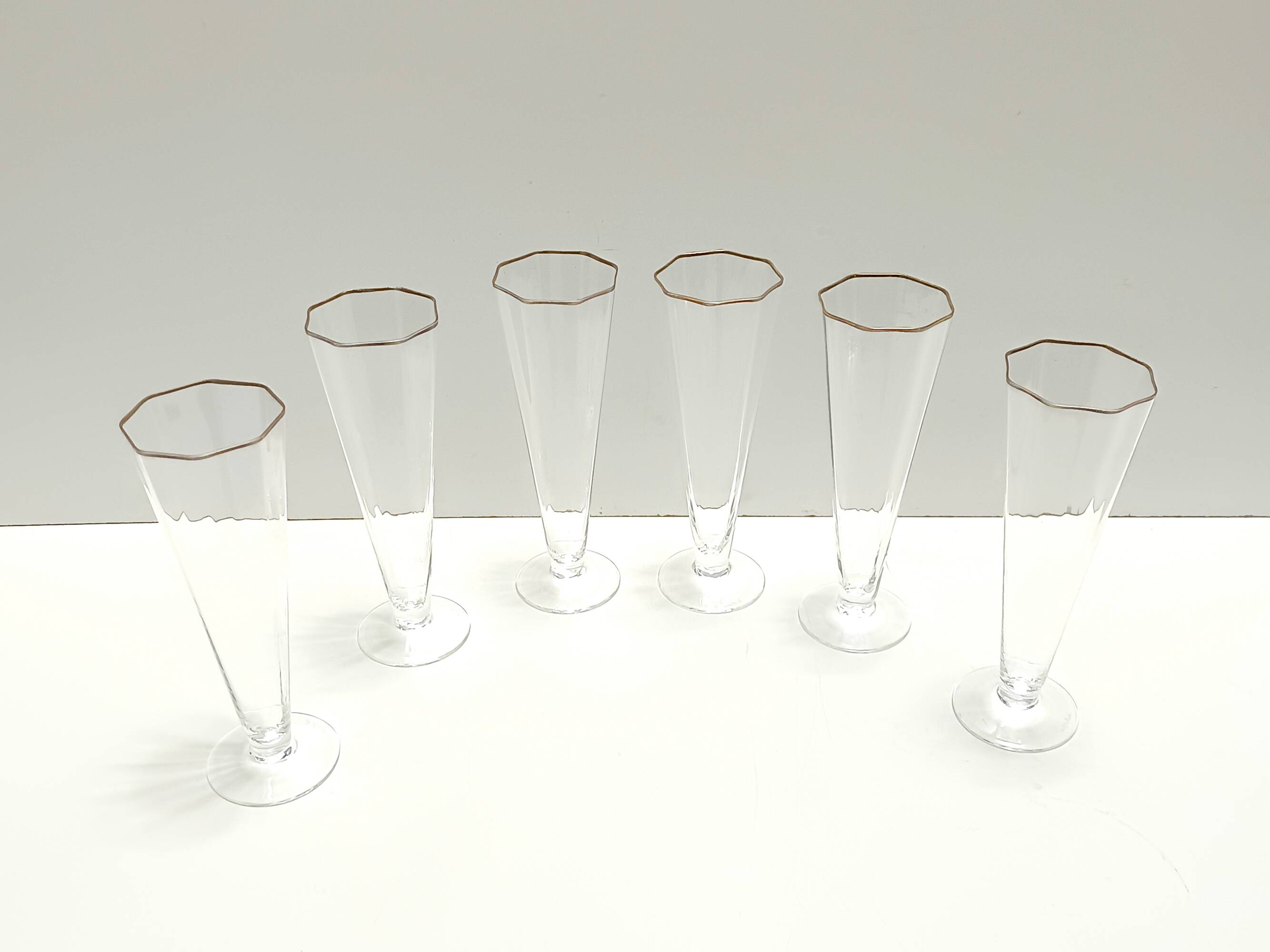 Set of Six Octagonal Hand Blown Murano Glass Flutes by Carlo Moretti, Italy