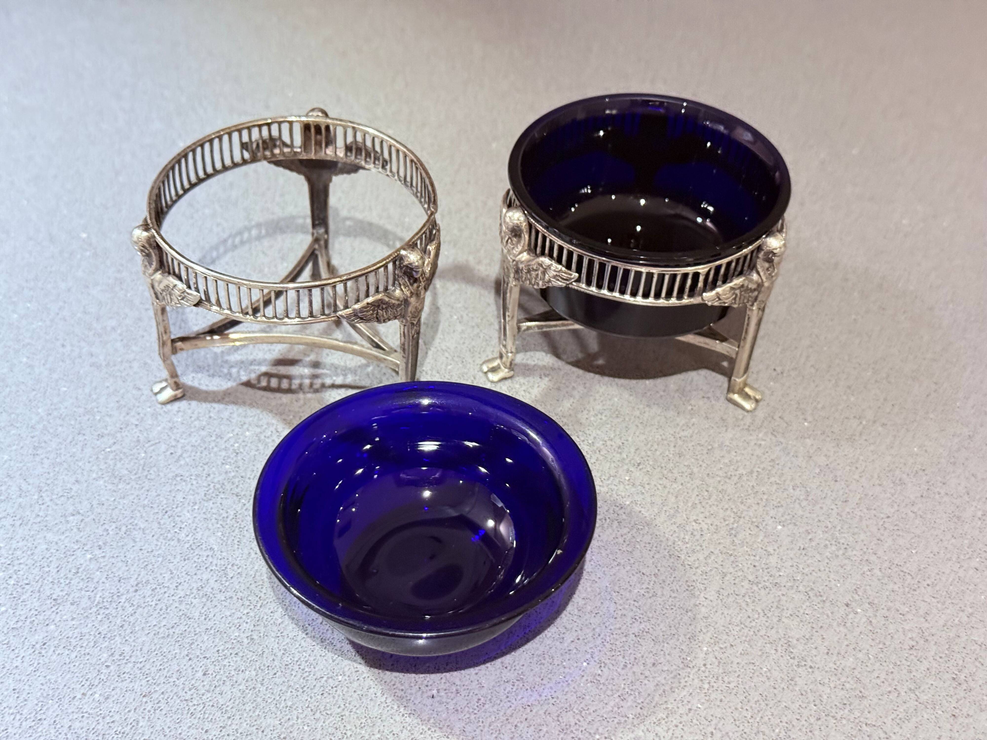Pair of Vintage Swan-Shaped Salt Cellars, Silver-Plated, with Cobalt Blue Glass Liners