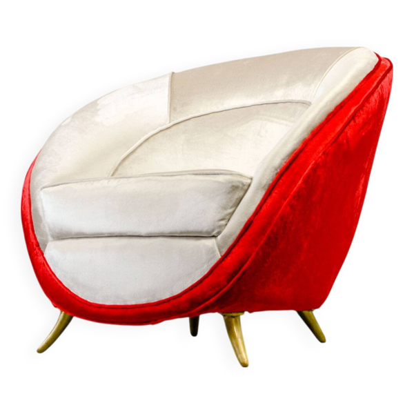 Fauteuil lounge italien Guglielmo Veronesi en velours argenté et rouge pour ISA Bergamo