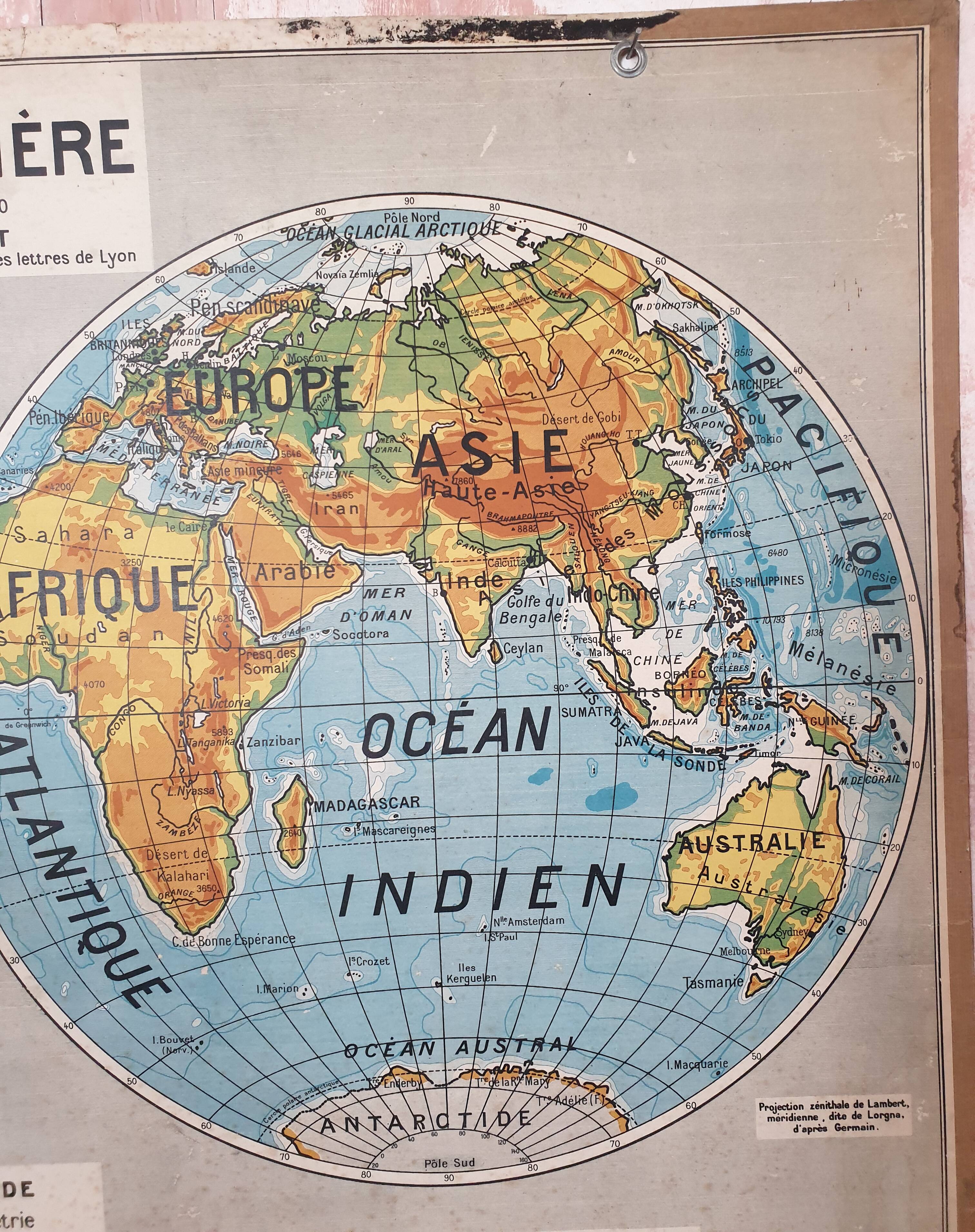 Ancienne carte scolaire Delagrave Gibert 7, 1930 - Planisphère, mappemon