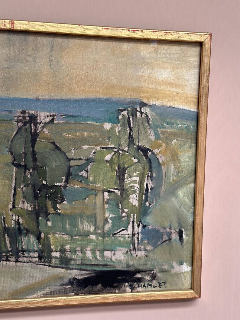 Original Swedish Oil on Canvas – “Abstract Landscape” by S. Hamlet – Dated 1960 – Vintage and Framed – 66 × 48 cm (26" × 18.9")