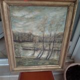 Tableau peinture bois étang signé B Rothmann